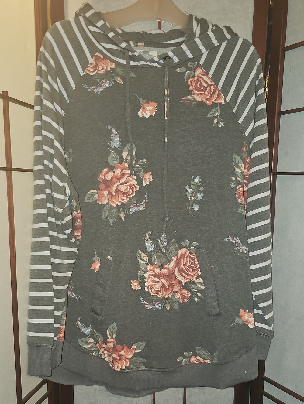 Maurices Charcoal Floral & Stripe Hooded Sweatshirt